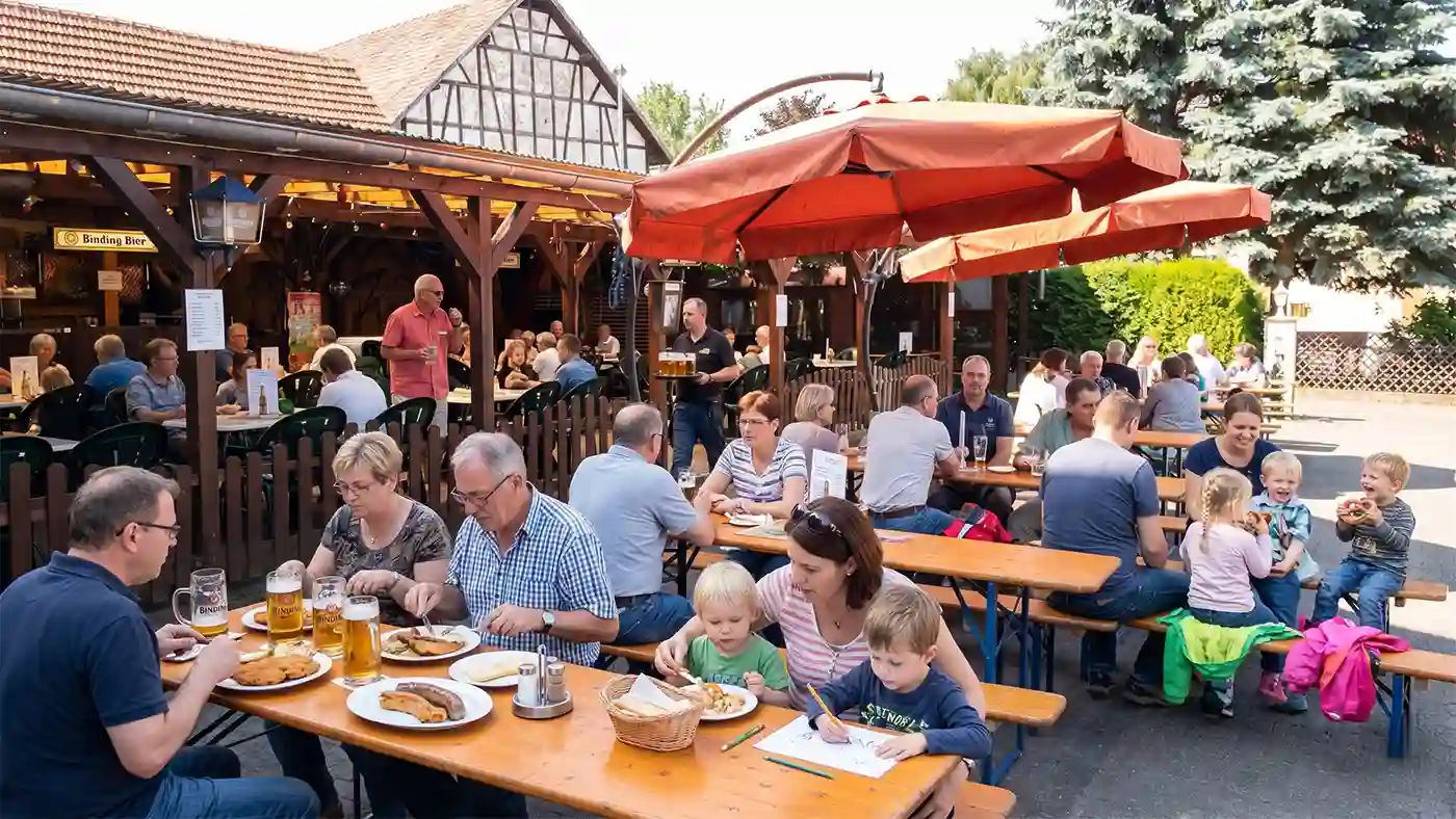 Menschen unterschiedlichen Alters sitzen an Holztischen und essen und trinken im Freien in einem lebhaften Biergarten in der Nähe von Ronneburg. Große rote Sonnenschirme spenden Schatten, und im Hintergrund sind traditionelle Holzgebäude zu sehen, darunter ein charmantes Gasthaus.
