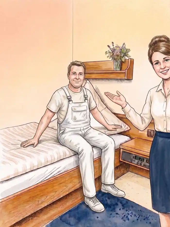 Abbildung eines günstigen Schlafzimmers in einem gemütlichen Gasthaus mit einem Einzelbett mit sauberer Bettwäsche. Eine Angestellte präsentiert dem Handwerker diesen perfekt gelegenen Ausgangsort im Main-Kinzig-Kreis, am Rande des Rhein Main Gebiets.